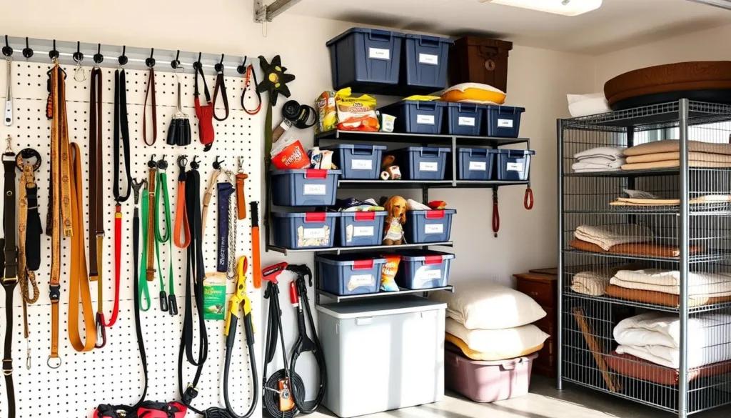 Garage wall storing outdoor dog equipment