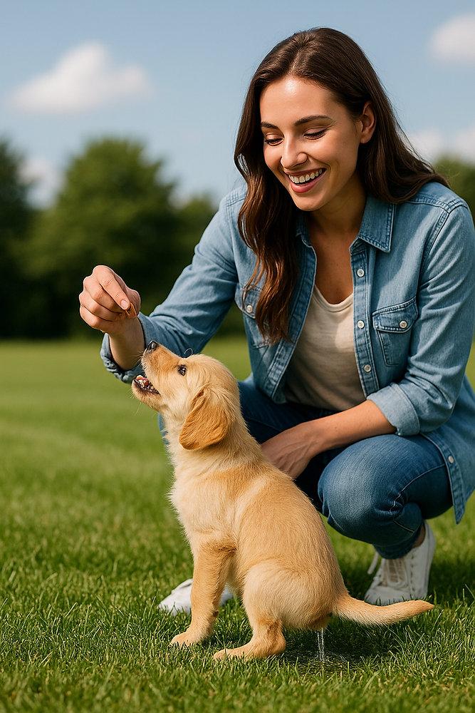 Puppy playing with owner treats