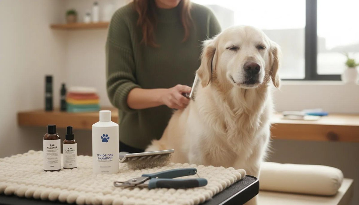 Senior dog grooming supplies station