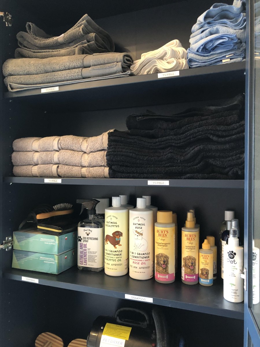 Dog grooming supplies cabinet storage