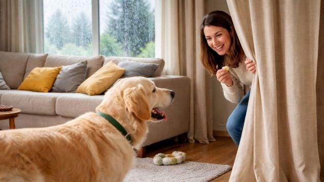 Owner hiding from dog