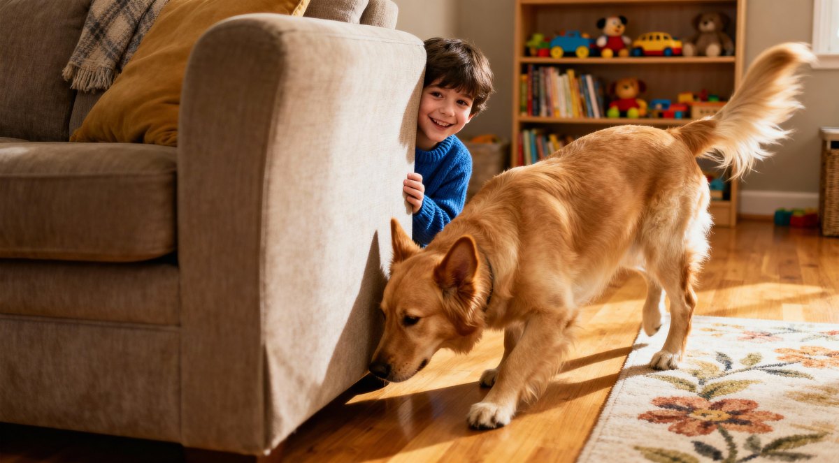 Dog finding owner indoors