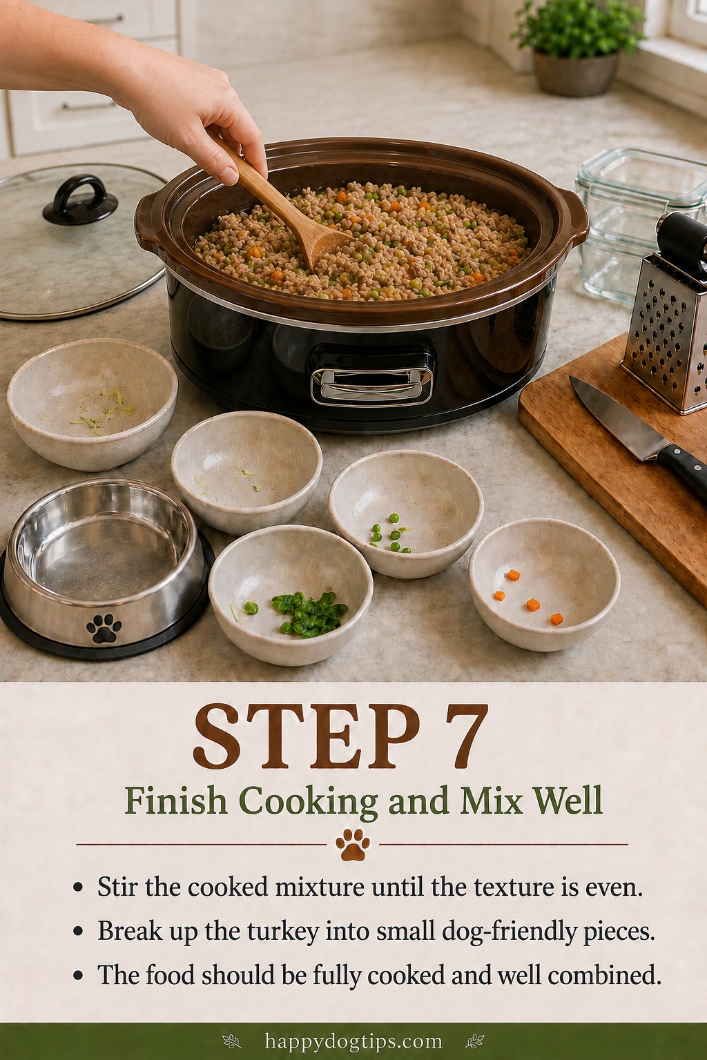 Mixing the finished turkey, rice and vegetables into a smooth homemade dog food texture