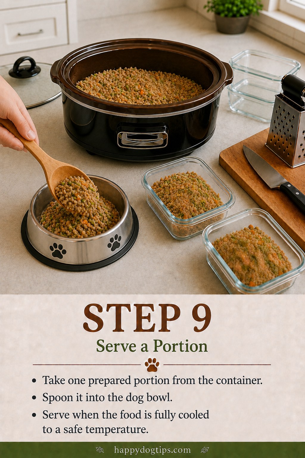 Serving a cooled portion of homemade dog food into a stainless steel dog bowl