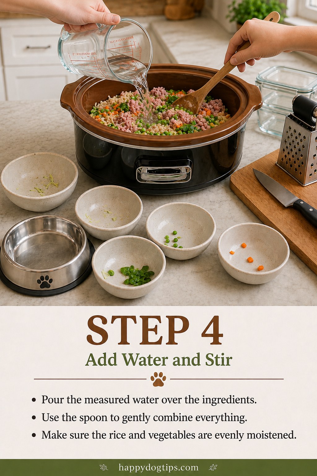 Pouring measured water over turkey and rice before stirring this homemade dog food mixture