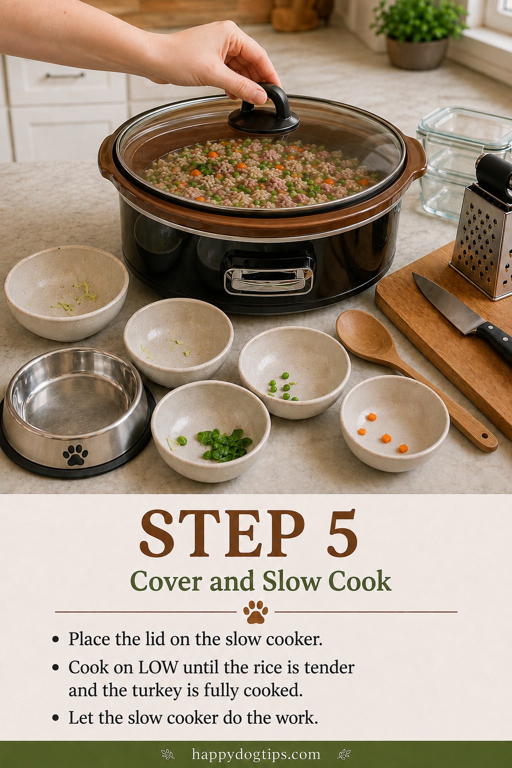 Lid going onto the slow cooker as homemade dog food begins cooking gently on low