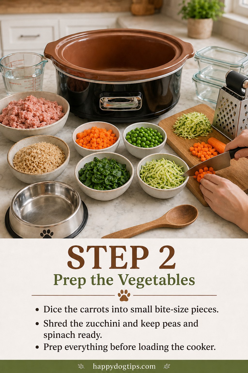 Dicing carrots and grating courgette while prepping vegetables for homemade dog food