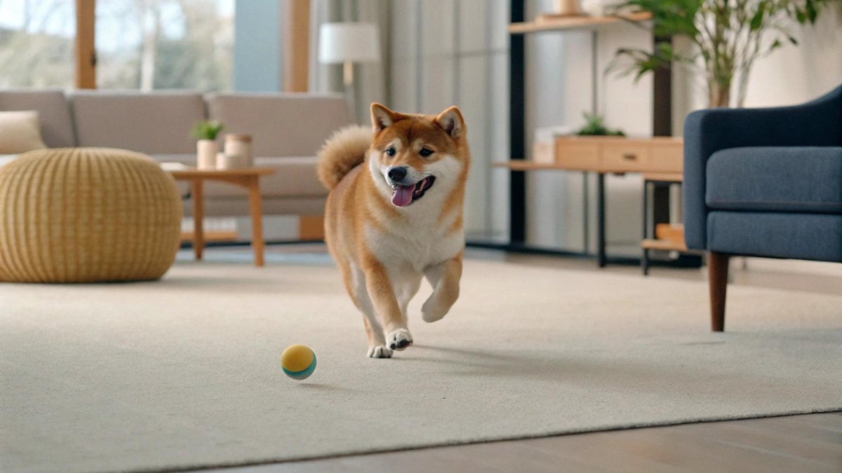 Dog chasing ball indoors