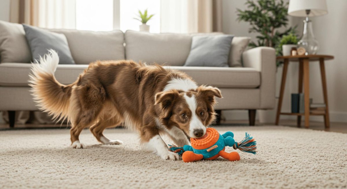 Dog playing water activity indoors