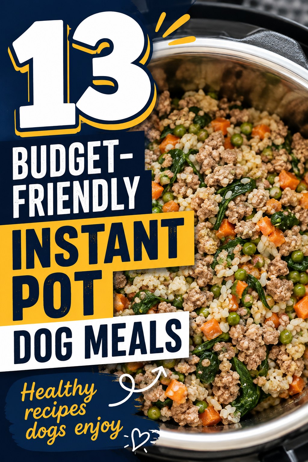 Instant Pot filled with a budget-friendly batch cooked recipe of mince, rice, peas and spinach for dogs