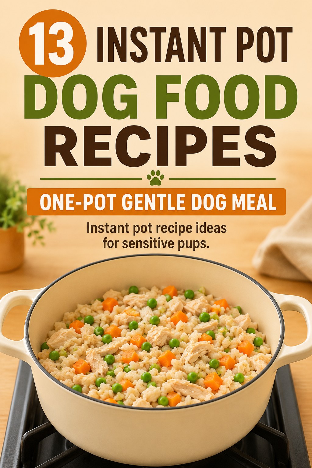 Pot of gentle chicken, rice and pea meal, a bland instant pot dog food recipe for sensitive stomachs