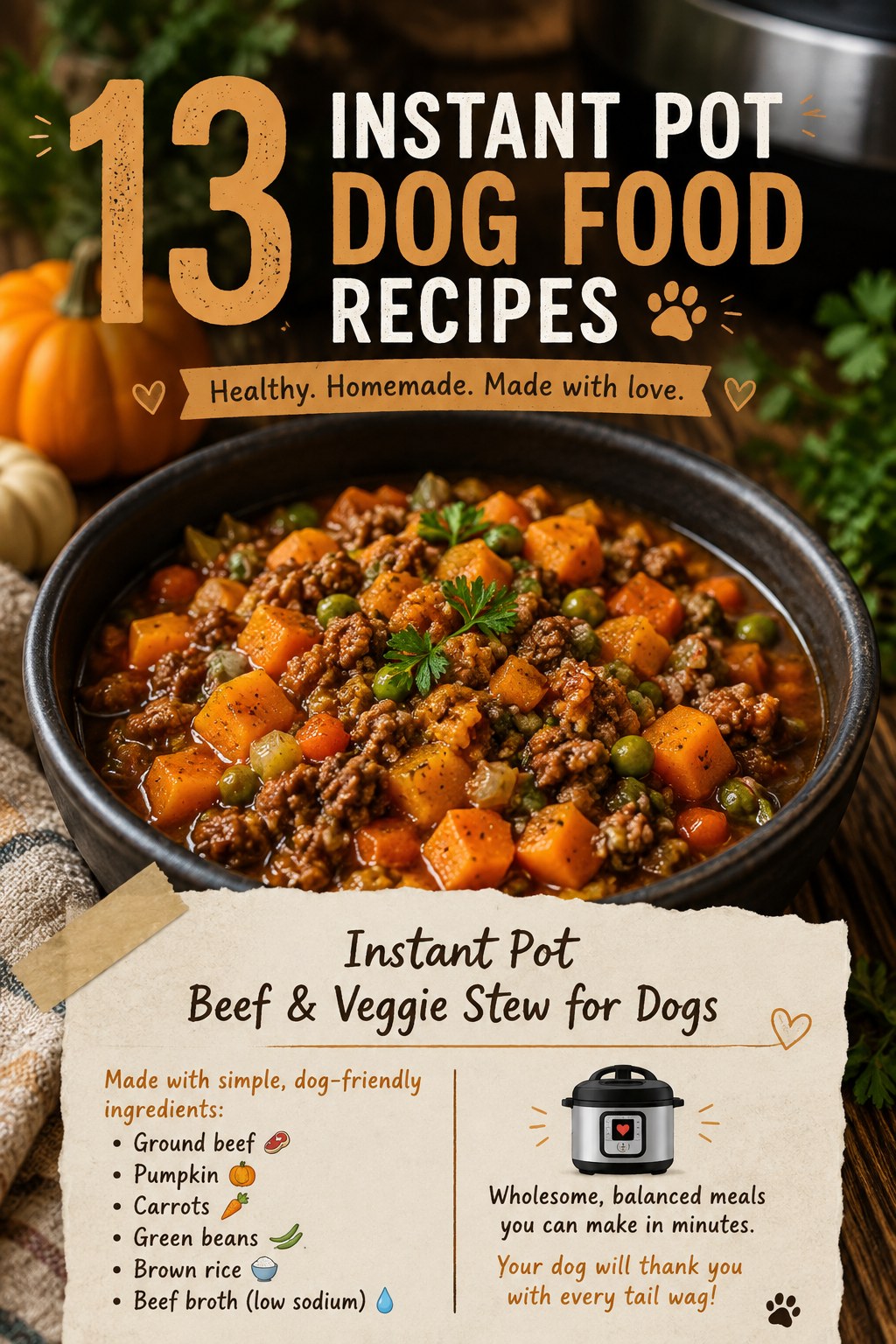 Bowl of beef and vegetable stew, one of thirteen instant pot dog food recipes for senior dogs
