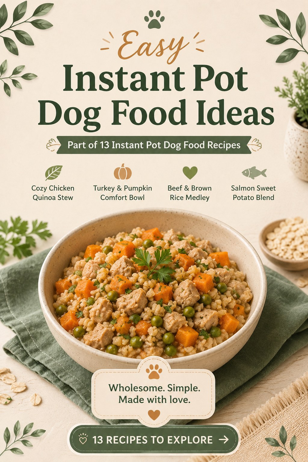 Overview graphic showing four instant pot dog food recipes including chicken, turkey and salmon bowls