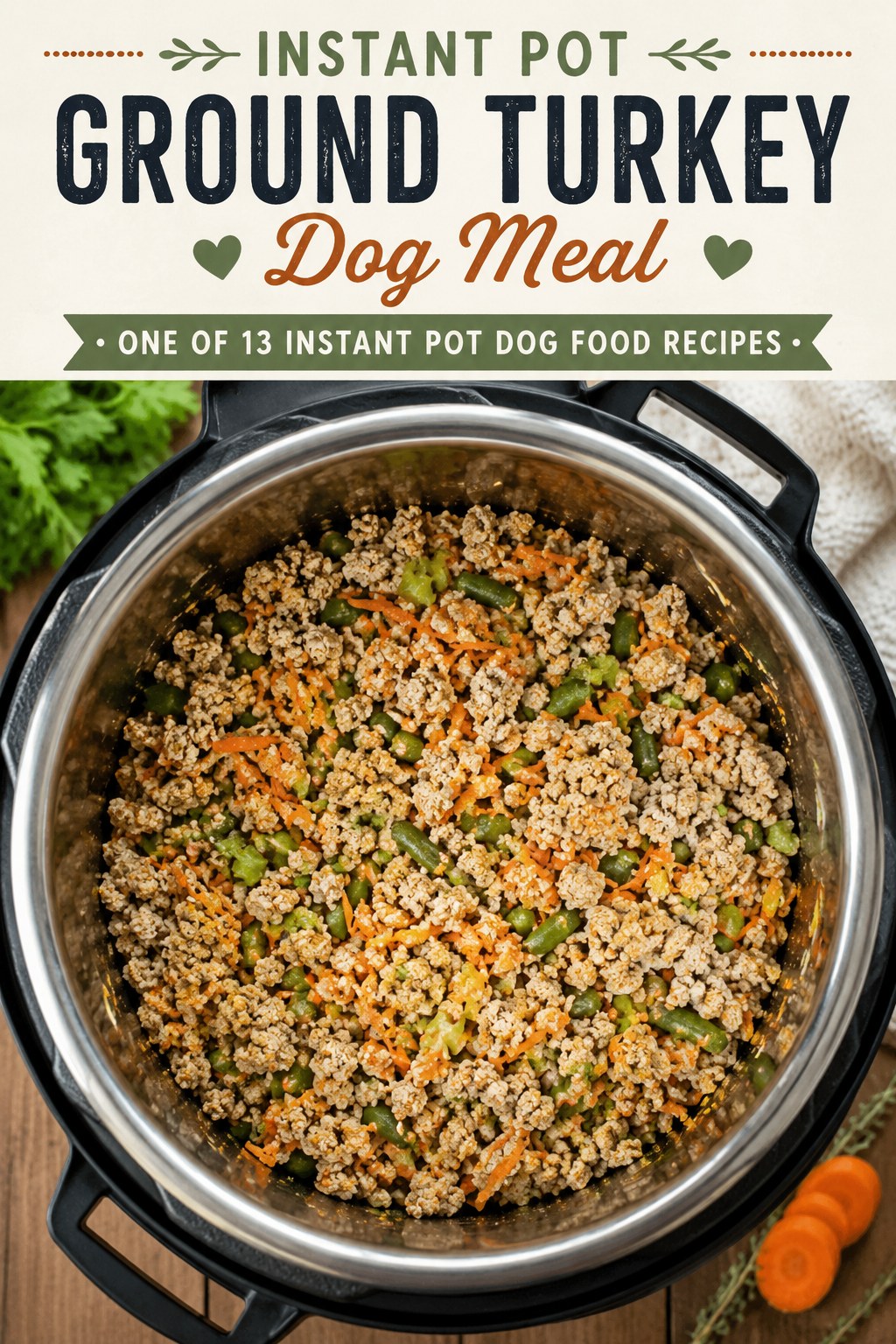 Instant Pot insert holding a ground turkey dog meal with carrots and green beans
