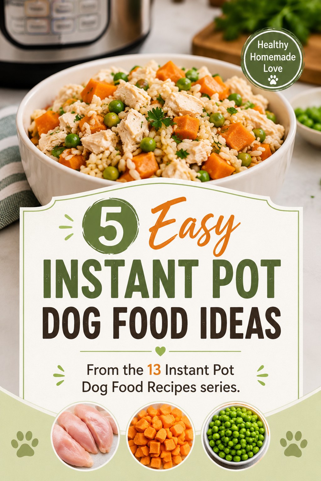 Simple bowl representing one of five easy instant pot dog food recipes with chicken and peas