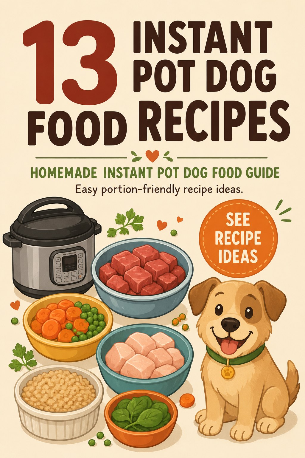 Illustrated guide to homemade instant pot dog food recipes showing protein, vegetable and grain bowls