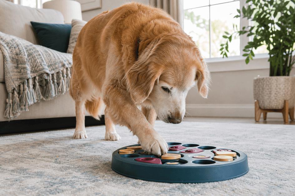 Senior dog with food dispensing toy