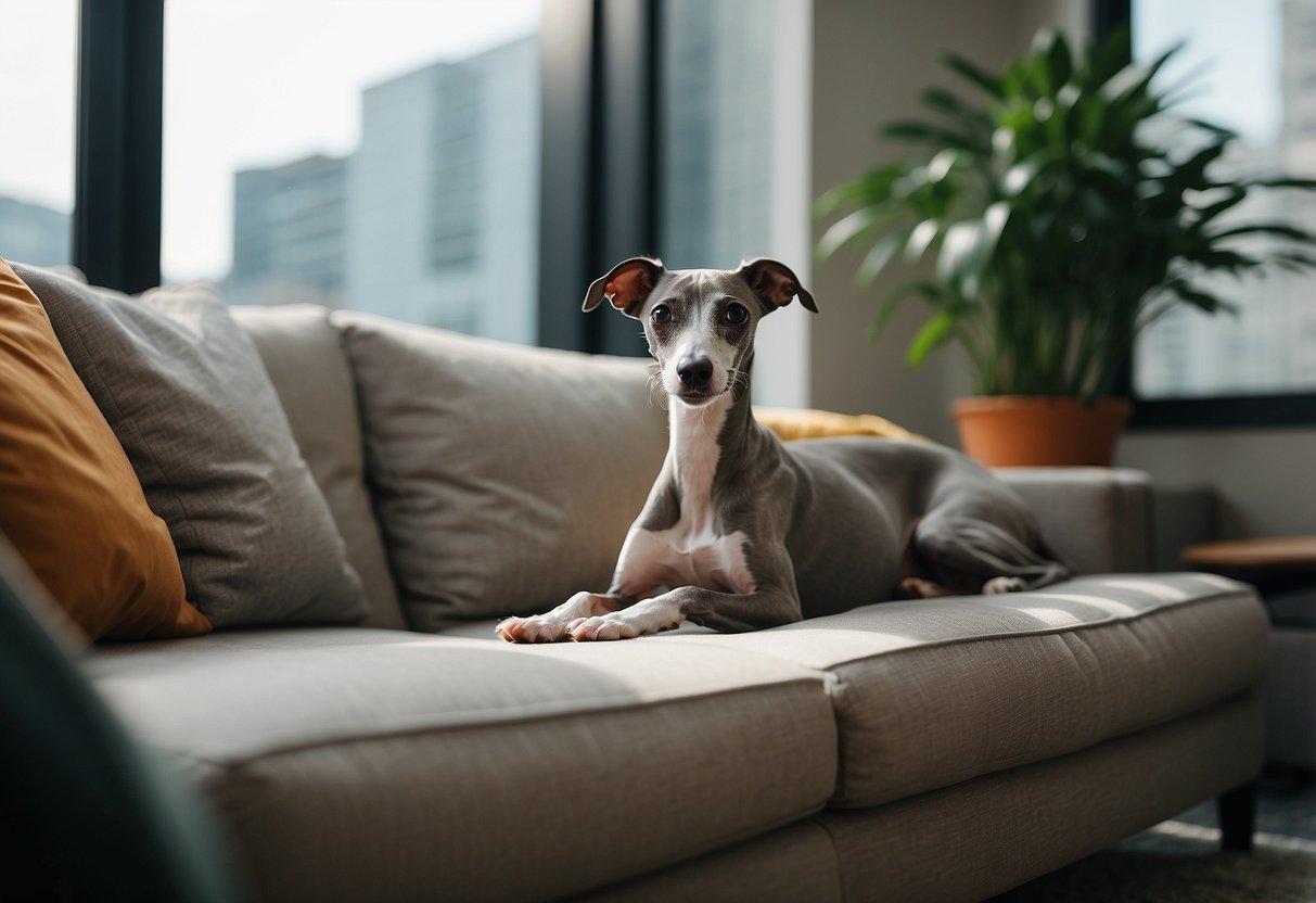 Italian Greyhound sitting on a sofa in an apartment