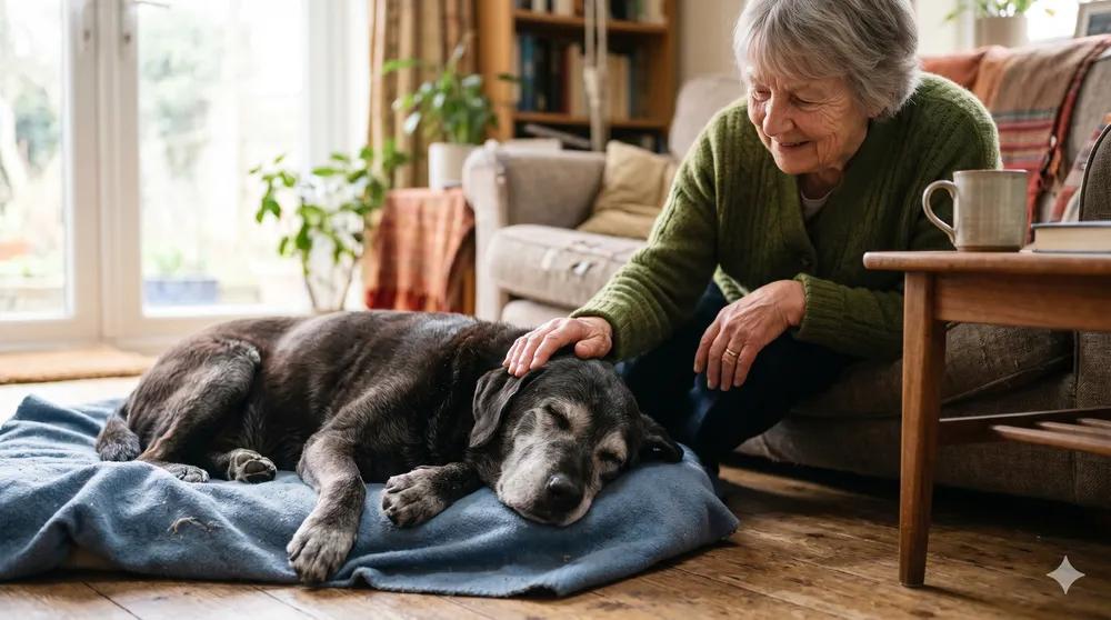 Older dog following daily routine with owner