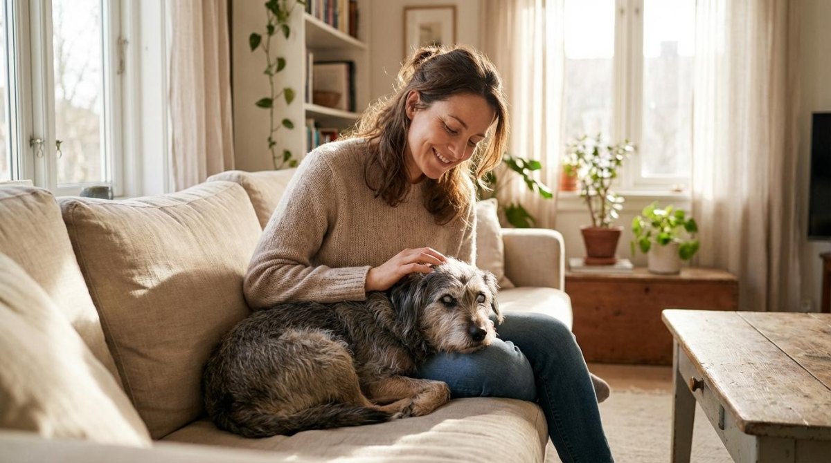 Senior dog relaxing with owner