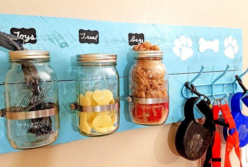 Mason jars on dog storage wall