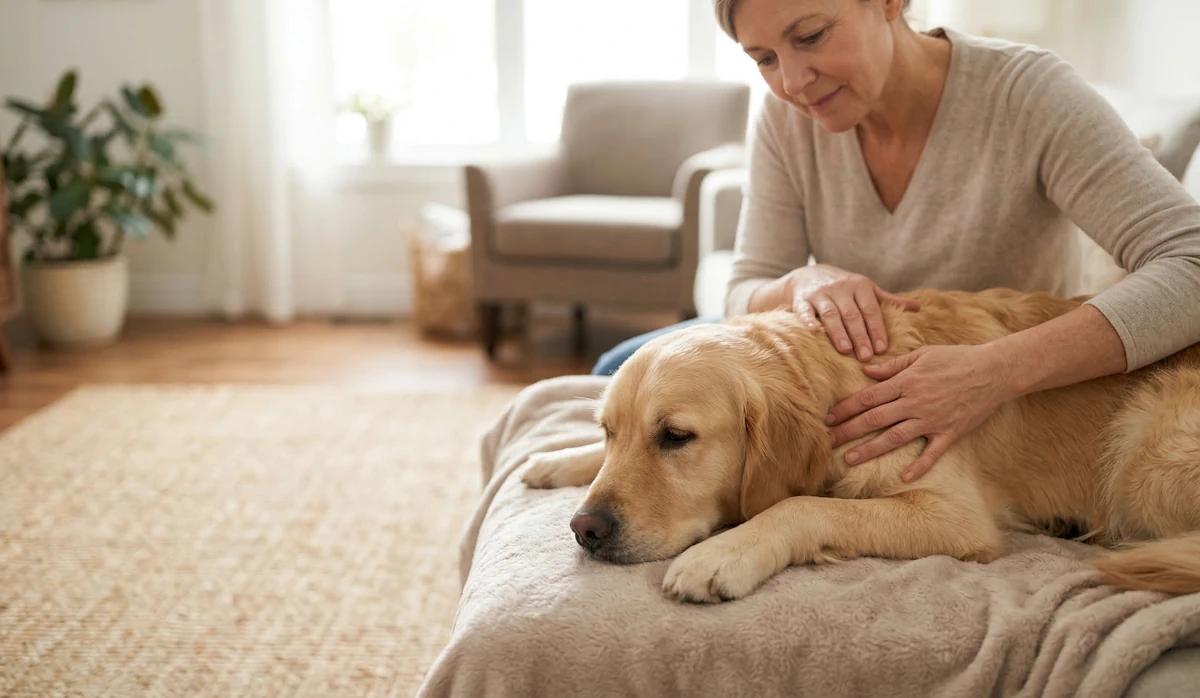 Owner giving senior dog massage