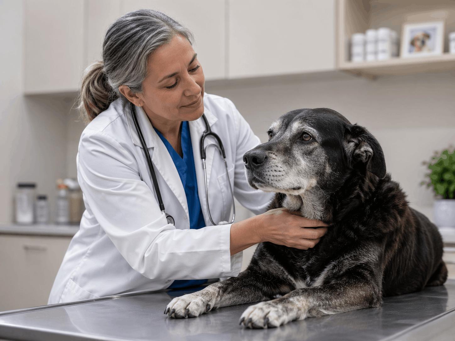 Veterinarian checking senior dog health