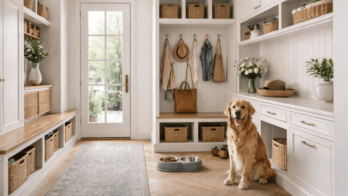 Mudroom with organised dog storage area