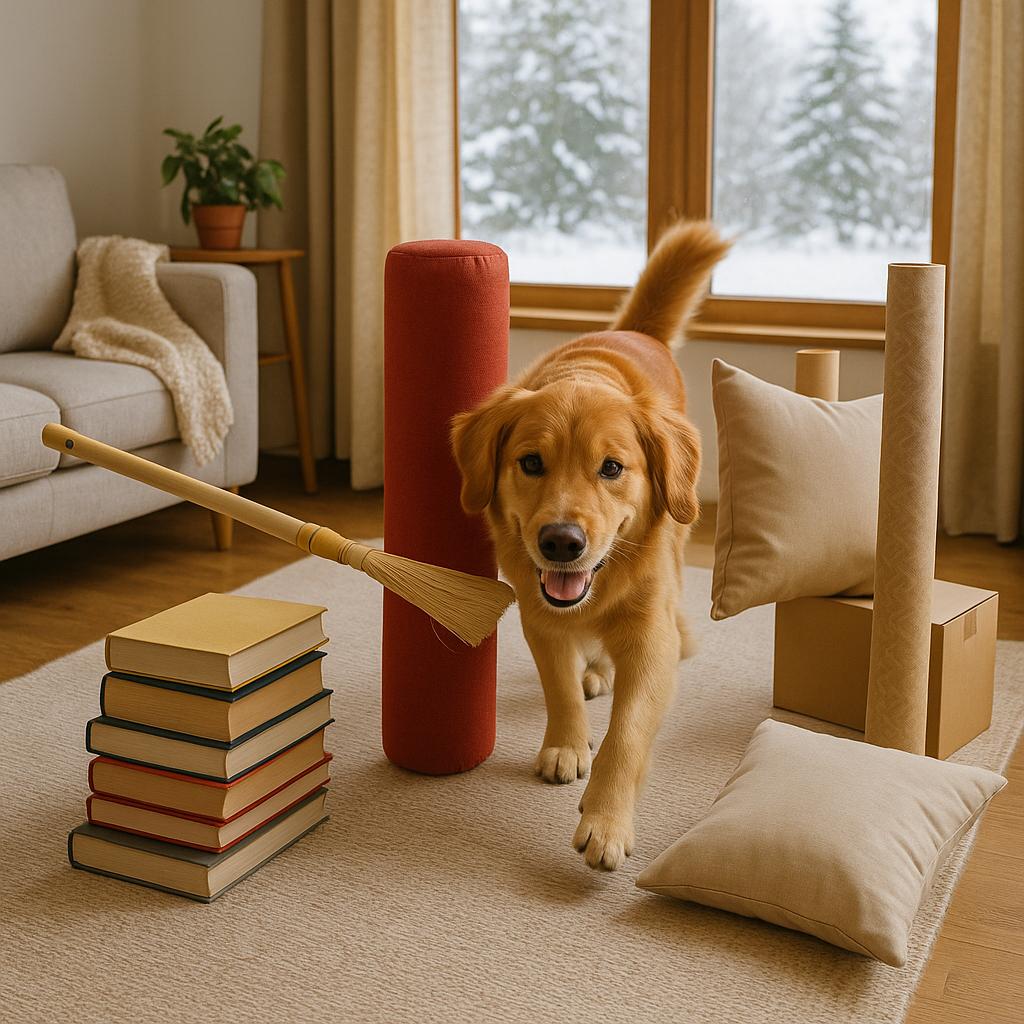 Dog navigating indoor obstacle course