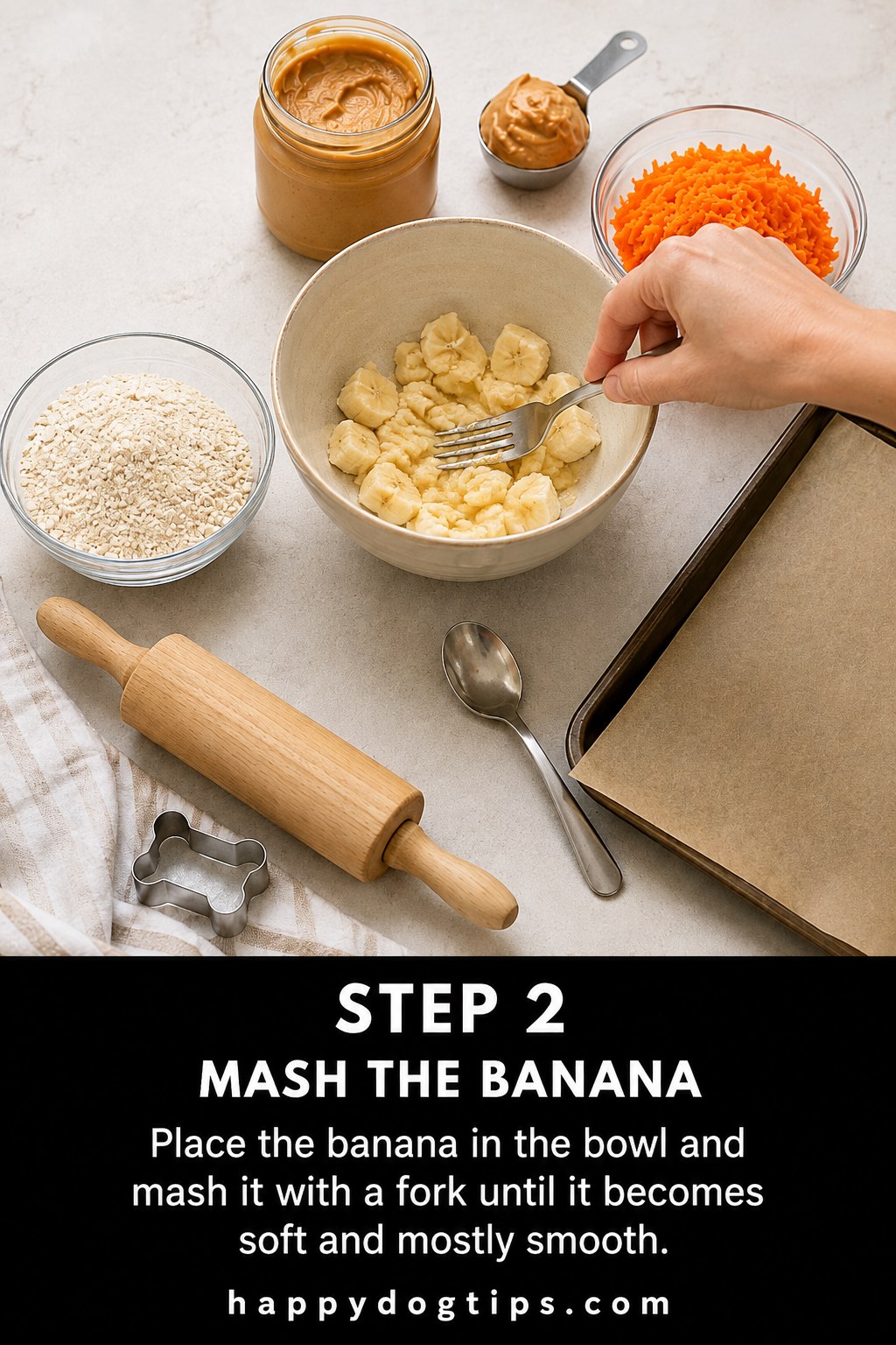 Mashing ripe banana in a bowl as the first step for peanut butter banana dog cookies
