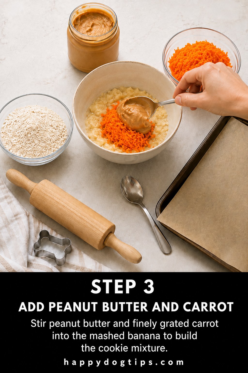 Stirring peanut butter and grated carrot into mashed banana for homemade peanut butter banana dog cookies