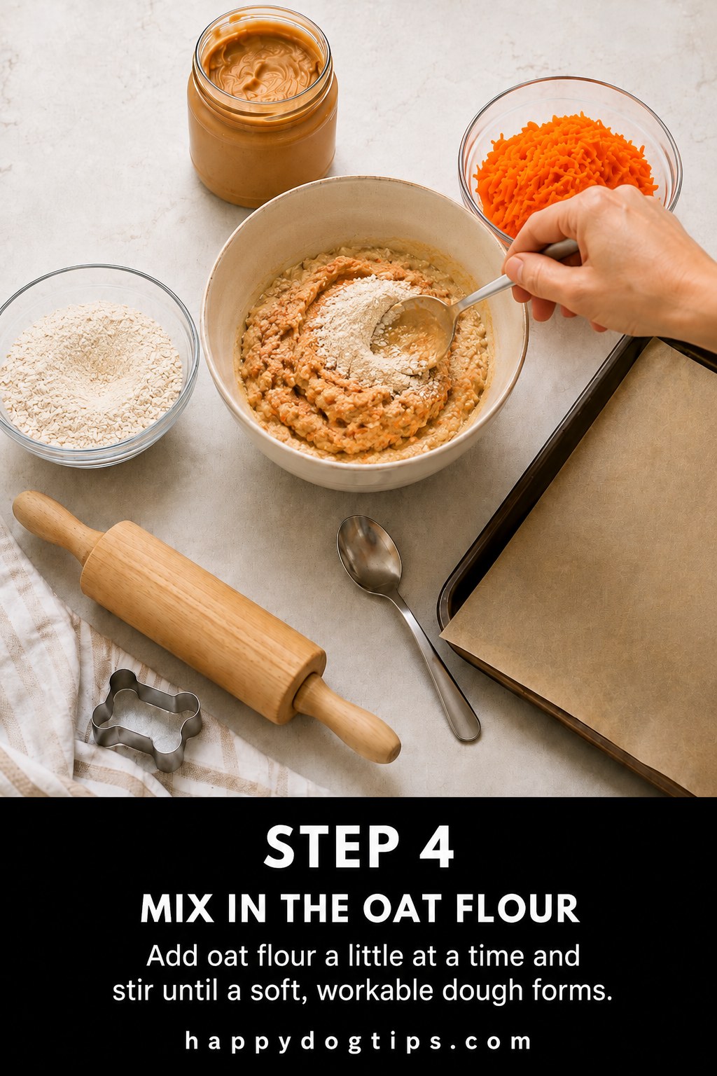 Mixing oat flour into banana and peanut butter dough to make peanut butter banana dog cookies