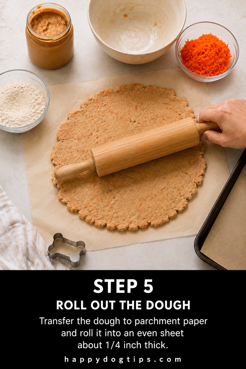 Rolling out peanut butter banana dog cookie dough to a quarter inch thickness on parchment paper