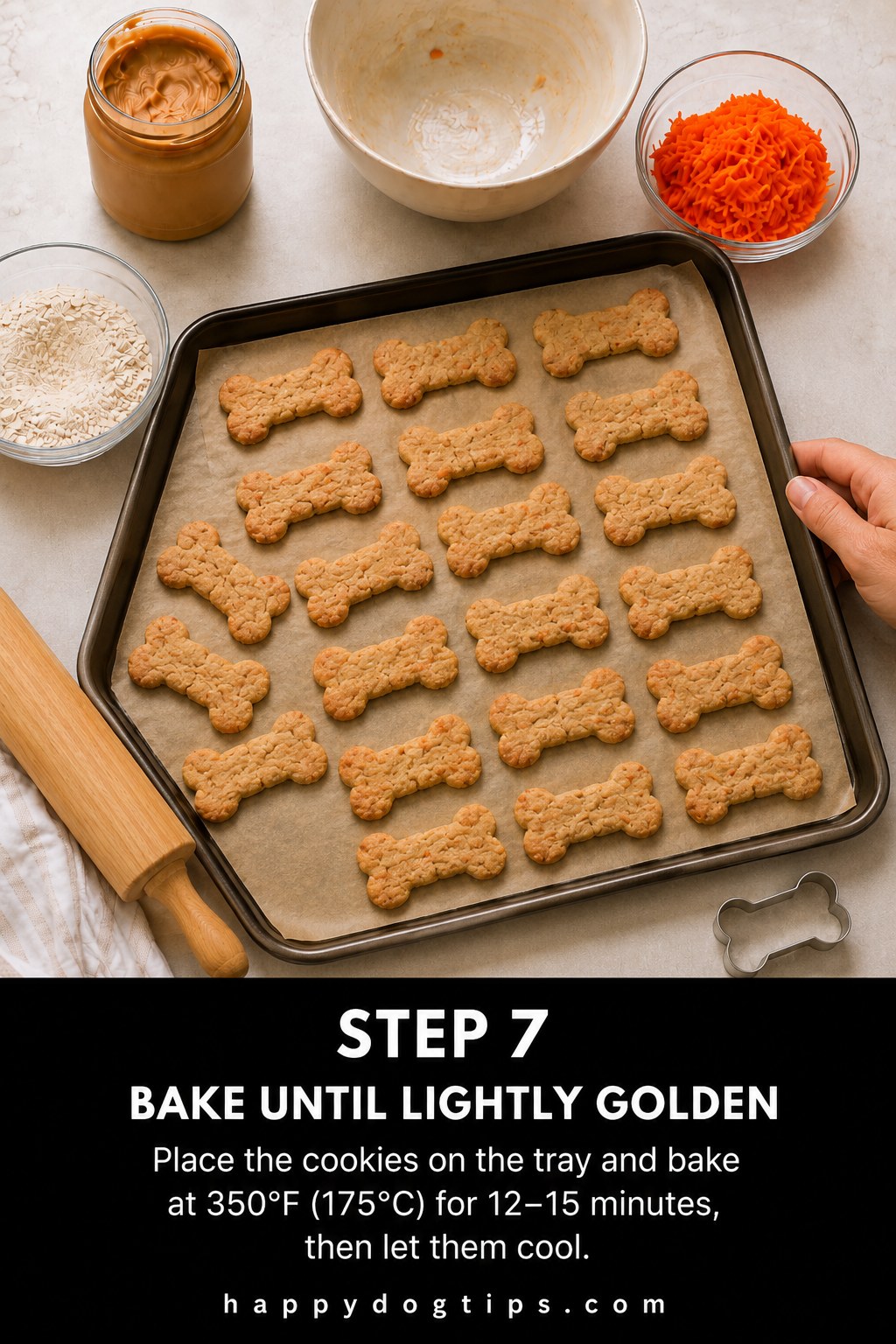 Tray of bone shaped peanut butter banana dog cookies baking golden at 175°C in the oven
