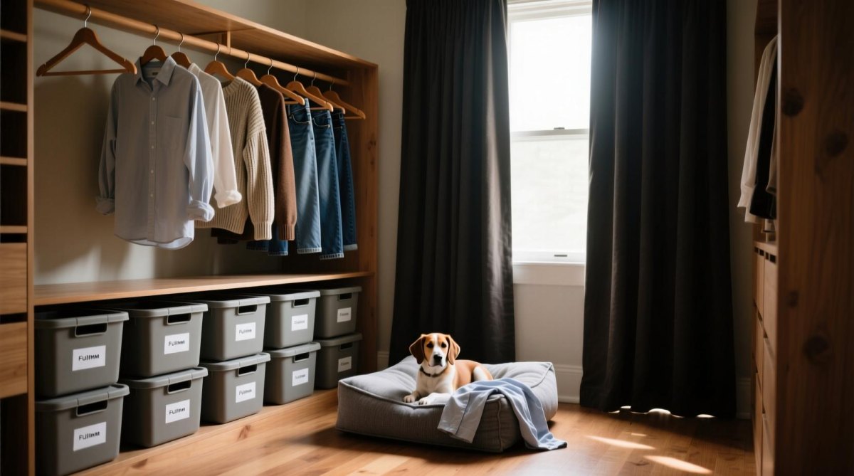Closet organised with dog supply shelves