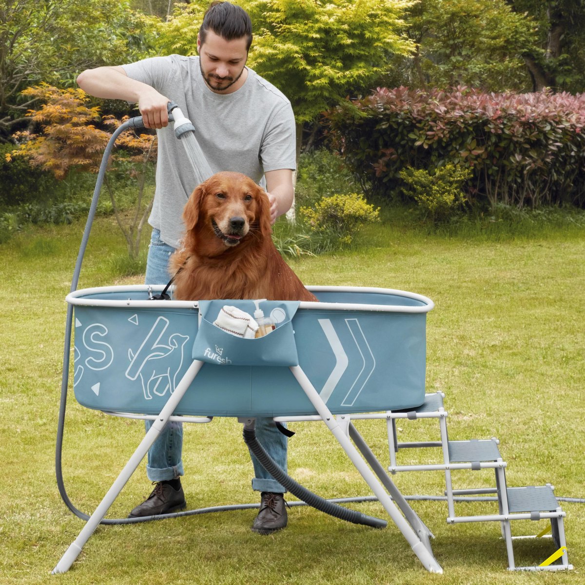 Portable outdoor dog wash setup