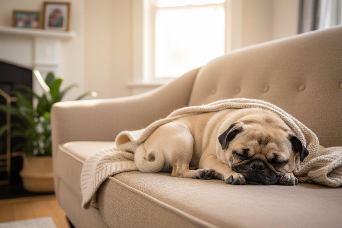 Pug sleeping comfortably as a small apartment dog breed