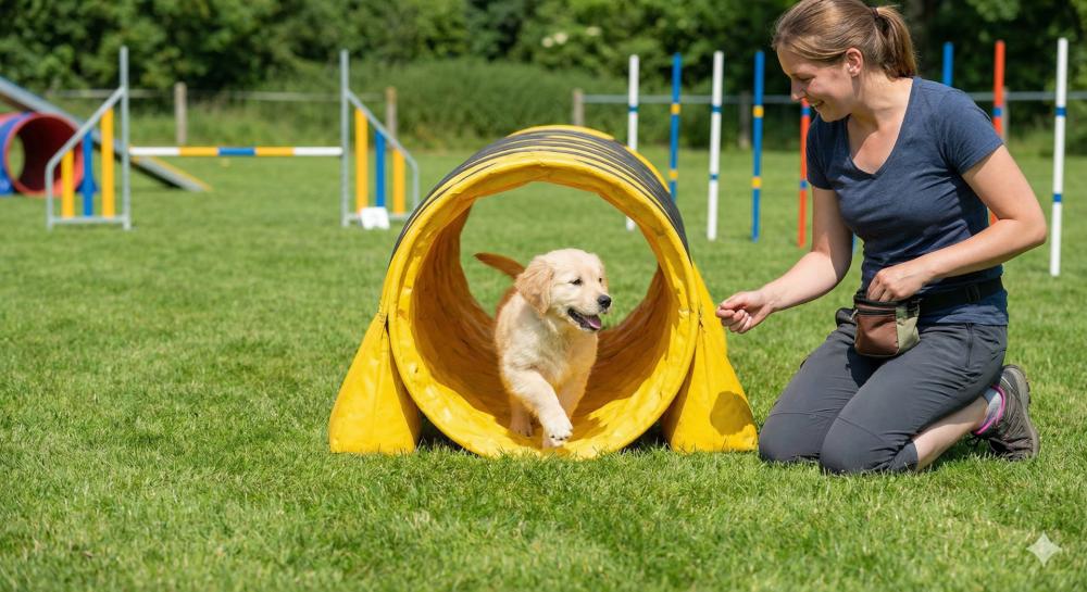 Puppy navigating obstacle course