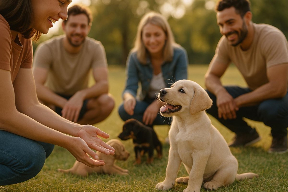 Puppy meeting people outdoors