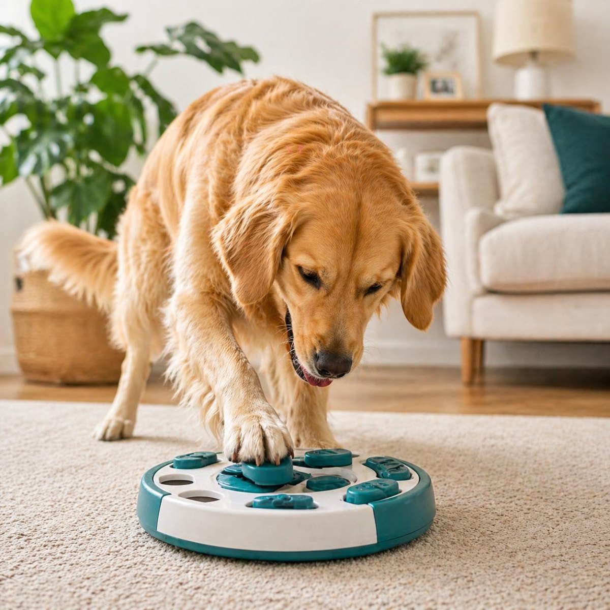 Dog using puzzle toy indoors