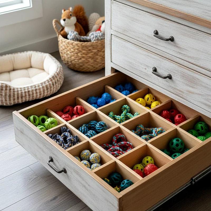 Dog puzzle toys organised in drawers