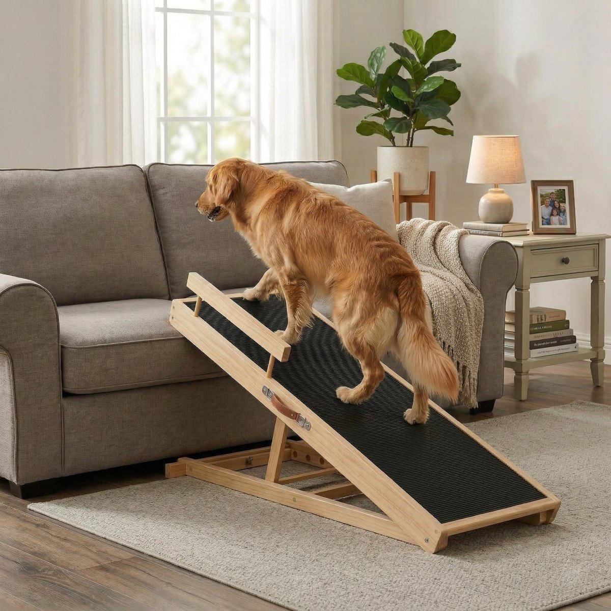 Senior dog using indoor mobility ramp