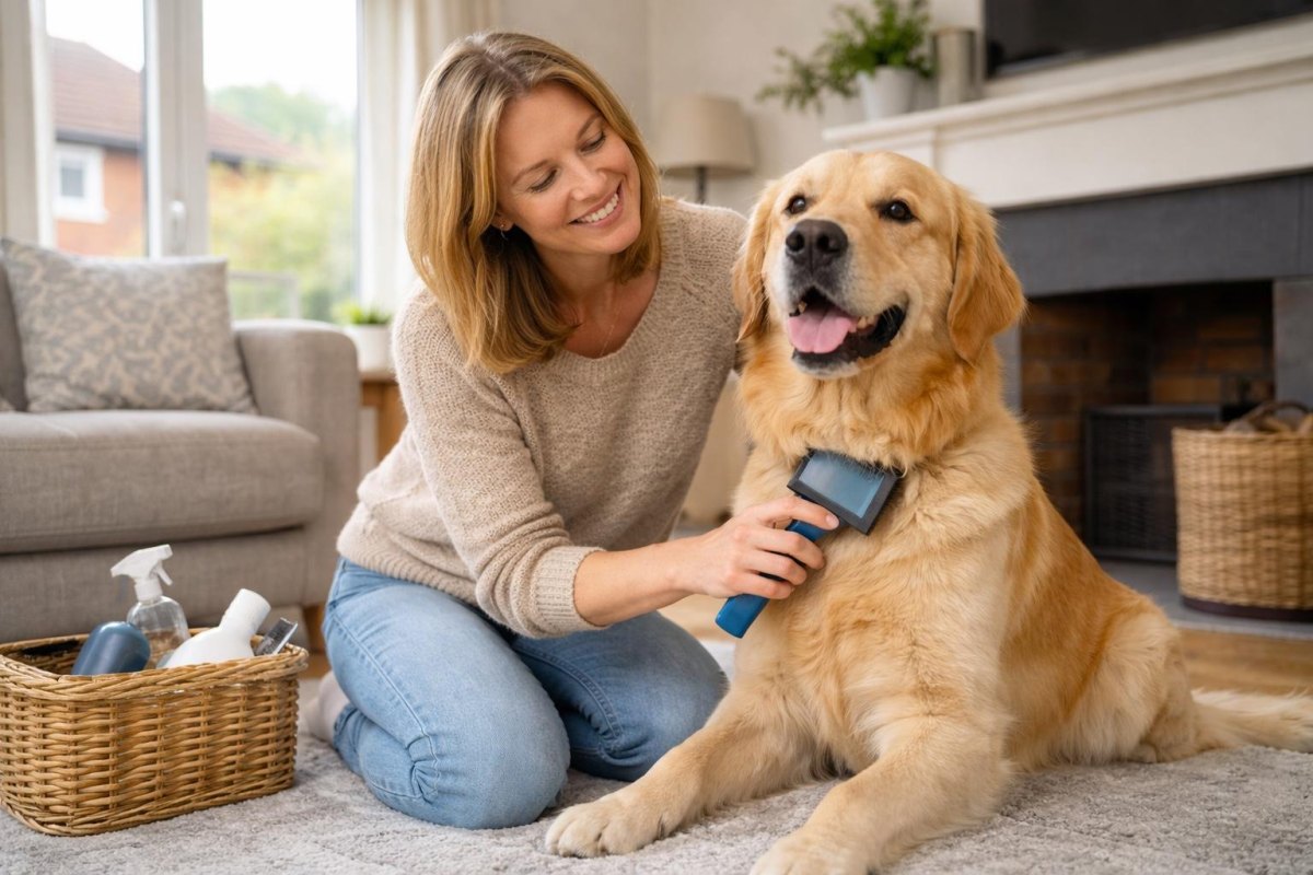 Owner grooming dog indoors
