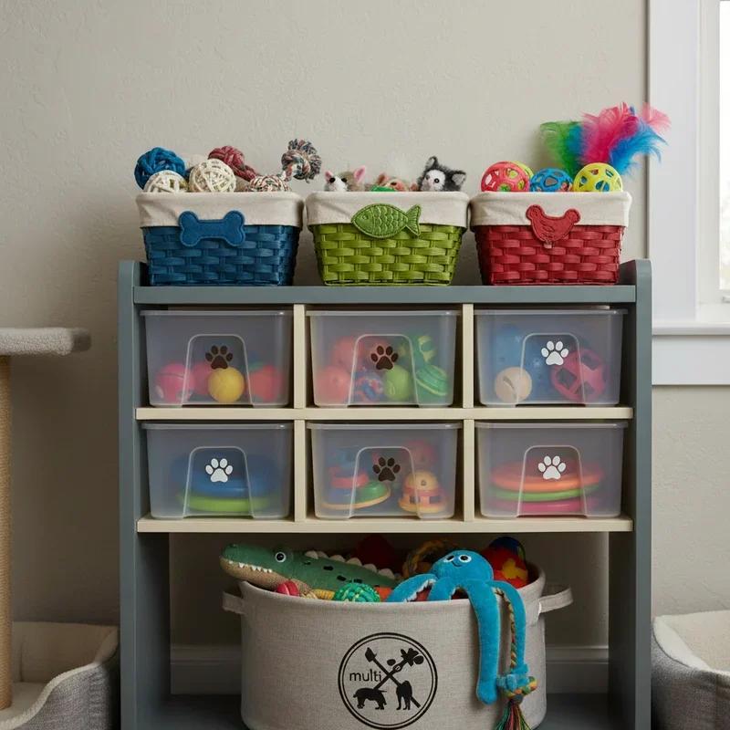 Dog enrichment toys in storage bins