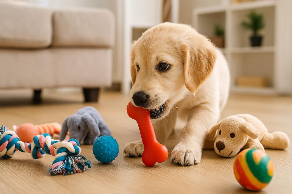 Puppy surrounded by rotated toys