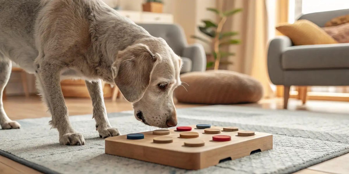 Senior dog playing with gentle enrichment toys