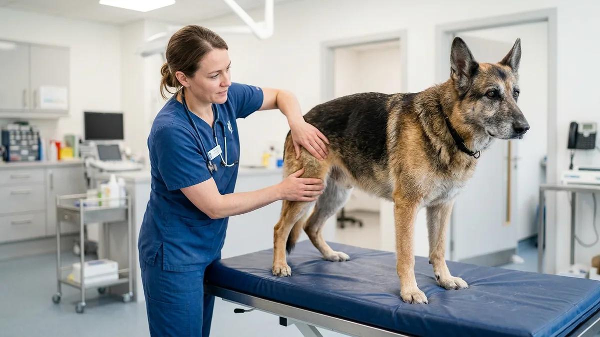 Veterinarian examining senior dog joints