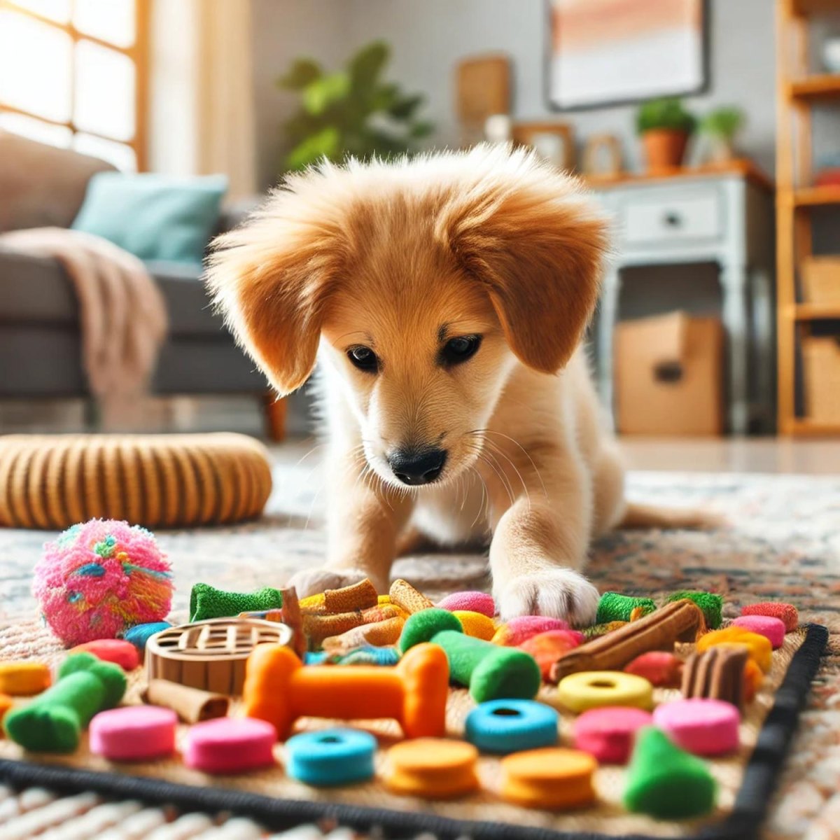 Puppy exploring sensory items