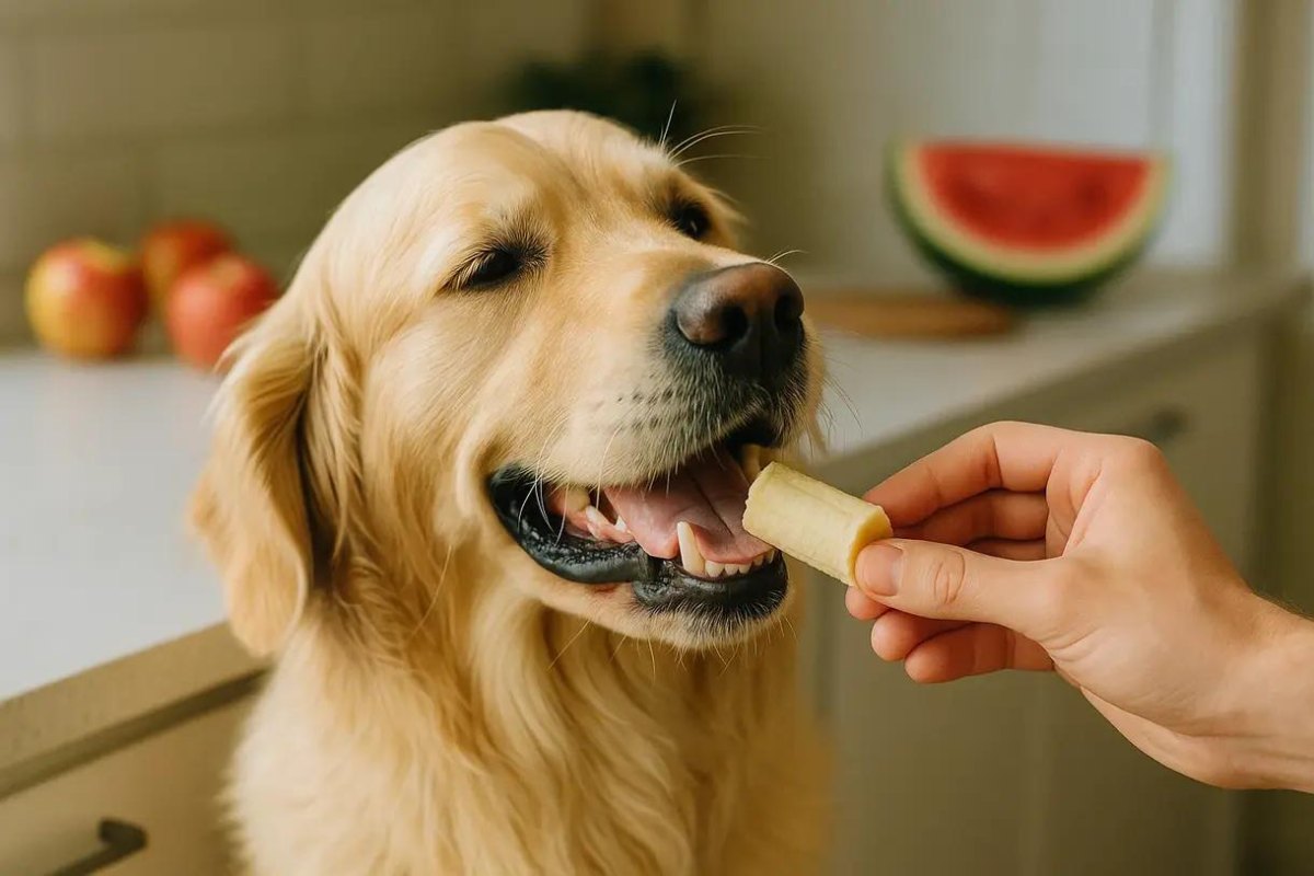 Dog enjoying banana honey biscuit