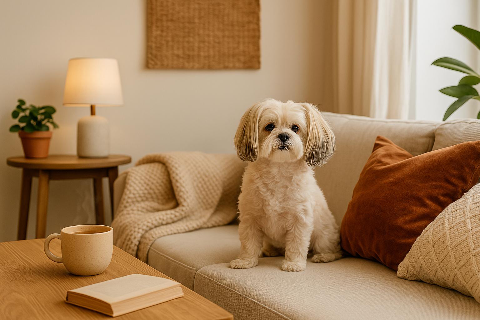 Shih Tzu sitting on a sofa in a cosy apartment home